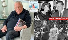 an older man sitting in a chair next to pictures of women and men holding magazines