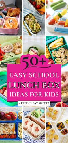 A colorful collage of easy and healthy lunch box ideas for kids featuring a variety of cute, filling, and affordable meals, perfect for elementary school children. Includes a free printable cheat sheet. Picky Kids Lunch Ideas For School, Easy Healthy Lunch Box Ideas, Healthy Lunch Box Ideas, Picky Eater Lunch, Daycare Meals, Kids Packed Lunch