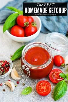 tomatoes, garlic and pepper sit in small bowls next to each other