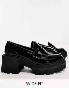 ASOS DESIGN Wide Fit Script chunky mid heel loafers in black patent | ASOS Black Platform Loafers With Chunky Block Heel, Patent Leather Platform Loafers With Chunky Platform, Chunky Platform Patent Leather Loafers With Round Toe, Spring Patent Leather Platform Loafers With Chunky Platform, Black Low Heel Platform Loafers For Work, Trendy Platform Loafers With Block Heel, Trendy Chunky Platform Loafers With Block Heel, Formal Patent Leather Loafers With Chunky Platform, Fall Season Patent Leather Platform Loafers