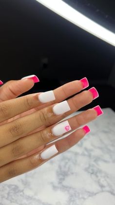 Short And Cute Nail Ideas, Different Color Bottom Nails, White Nails Pink Bottoms, Bottom Nails Color, Short Nails Set Ideas, Whole Nail Designs, White Nails With Pink Bottoms, Nails Painted Underneath, Full Colored Nails