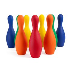 colorful plastic bowling pins lined up in a row