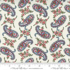 a white fabric with red, blue and green paisley print