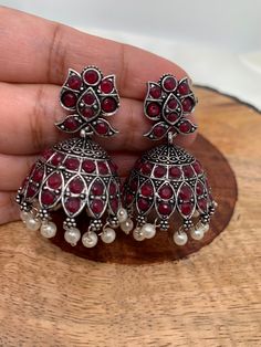 Red Stone Pearl Jhumka Traditional Earrings, German Silver, Red Stone, Social Events, Indian Jewelry, Stone, Red, Silver