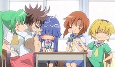 some anime characters are sitting at a table