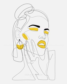 a line drawing of a woman's face with yellow eyeshadow and ear rings