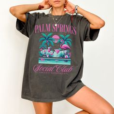 Get ready for your Palm Springs girls trip or bachelorette party in style with this fun and trendy t-shirt! Perfect for creating unforgettable memories, this shirt features a fun and playful design that will make you stand out in any crowd. Whether you're sipping cocktails by the pool or hitting the town for a night out, this shirt is a must-have for any girls' getaway.  DETAILS * Comfort Colors Garment-Dyed Heavyweight T-Shirt * 100% ring spun cotton * Design is printed using DTG technology whi Palm Springs Girls Trip, Palm Springs Bachelorette Party, Spring Social, Palm Springs Bachelorette, Bachelorette Party Shirt, Trip Shirts, Spring T Shirts, Girls Trip Shirts, Spring Girl