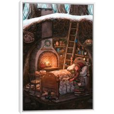 a painting of a person sleeping in a bed with a ladder to the ceiling and fire place