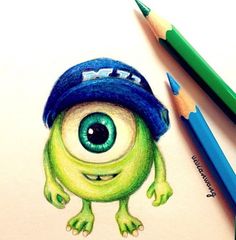 a drawing of a green monster with big eyes and a cap on it's head