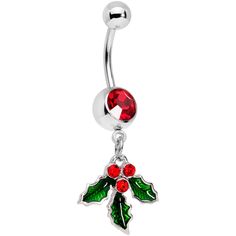 14 Gauge (1.6mm), 1/2" (12mm), 316L Surgical Grade Stainless Steel Curved Barbell, 5mm-8mm Ball Ends Red Gem Holiday Hangout Holly Leaves Dangle Belly Ring Holly leaves are a holiday tradition but no plant could compete with this festive 14 gauge navel ring! Made with a 1/2" durable 316L surgical grade stainless steel curved barbell, it has a rich red gem set into the bottom ball end. Dangling from that is a trio of holly leaves, inlaid in deep green with intricate detailing. The leaves are capp Green Belly Button Rings, Belly Rings Bodycandy Body Jewelry, Cheap Red Belly Rings As Gifts, Navel Piercing Jewelry, Bellybutton Piercings, Belly Button Piercing Jewelry, Belly Piercing Jewelry, Jewelry Promotion, Grunge Jewelry