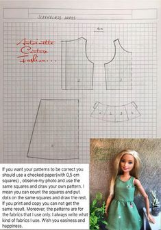 an image of a doll's sewing pattern and instructions to make it look like she is wearing a green dress