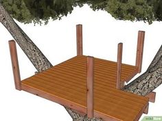 a wooden deck in the middle of two trees with one tree on top and another above it