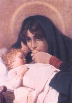 a painting of a woman holding a baby in her lap with the child's hand