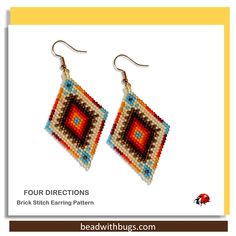 two square shaped beaded earrings with red, blue and yellow squares on them are shown