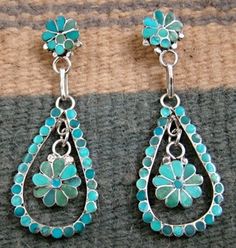 Item #639X- XLG High End Zuni 94 ct Turquoise Double Flower Teardrop Earrings by R. Shetima Turquoise Dangle Flower Earrings, Wirework Jewelry, Earring Displays, Authentic Turquoise Jewelry, Flower Pedals, Earrings Native American, Zuni Jewelry, Flower Ear, American Indian Jewelry