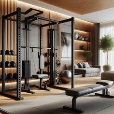 a home gym is shown in this modern living room with wood paneled walls and flooring