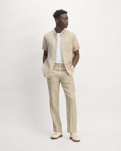 Neutral Pants With Pockets And Straight Hem, Classic Linen Pants With Pockets, Business Casual Neutral Linen Bottoms, Summer Linen Tapered Pants, Neutral Linen Bottoms For Business Casual, Fitted Straight Pants For Summer, Neutral Linen Pants With Pockets, Everlane Relaxed Fit Pants With Pockets, Tailored Casual Linen Pants