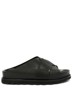 black calf leather open toe slip-on style flat rubber sole Black Open Toe Slip-ons, Modern Slip-on Slides With Leather Sole, Black Calf Leather Slip-ons With Removable Insole, Black Slip-on Slide Mules, Modern Closed Toe Slip-on Slides, Slip-on Slides With Leather Sole And Round Toe, Calf Leather Slip-on Sandals With Cushioned Footbed, Leather Sole Closed Toe Slip-on Slides, Classic Slip-on Sandals With Leather Sole