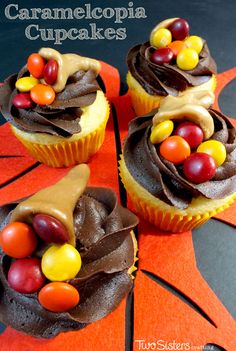 three cupcakes with chocolate frosting and candy candies on top are shown