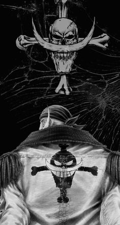 a black and white photo of a man with a skull on his back, in front of a spider web