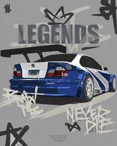 a blue sports car with the words legendds next to it on a grey background