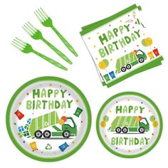 a birthday party set with green plates, forks and napkins