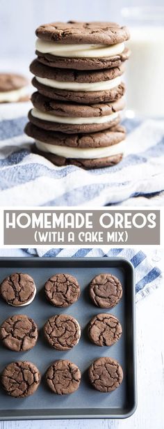 homemade oreos with a cake mix in the middle and chocolate cookies stacked on top