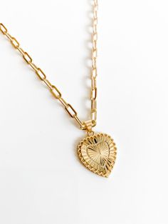 LENA HEART NECKLACE Luxury Artisan Heart Necklace, Gold Plated Heart Necklace With Paperclip Chain, Dainty Heart Charm Necklace With Paperclip Chain, Heart-shaped Paperclip Chain Necklace For Gift, Gold Heart Necklace With Paperclip Chain For Everyday, Gift Charm Necklaces With 14k Gold Filled Paperclip Chain, Gold Heart Pendant Necklace With Paperclip Chain, Gold Heart Necklace With Paperclip Chain, Gold Charm Necklace With Paperclip Chain For Valentine's Day