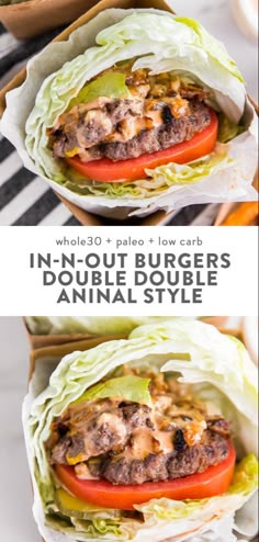 two pictures of hamburgers with lettuce and tomatoes in wrappers on a table