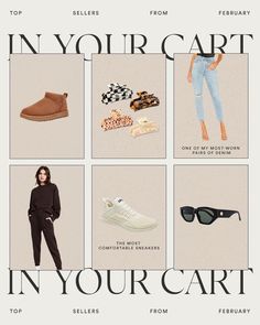 an advertisement with the words in your cart and images of women's clothing, shoes, and accessories