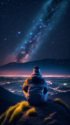 a person sitting on top of a hill looking at the stars