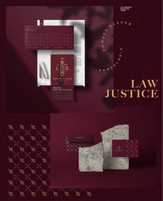 the law justice brochure is shown in red and gold colors, with an elegant pattern