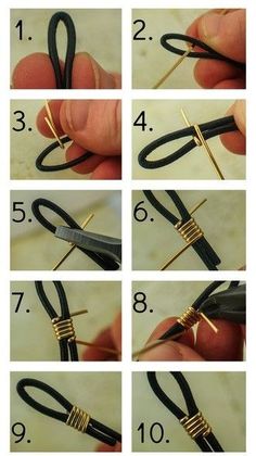 the instructions for how to tie a pair of black and gold colored wire with scissors