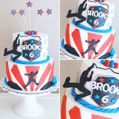 three photos of a cake with the name brooklyn 6 on it and an american flag design