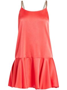 coral pink satin finish round neck slip-on style two chain-link shoulder straps sleeveless shift style thigh-length peplum hem Ruched Midi Dress, Ribbed Midi Dress, City Dress, 2024 Trends, Peplum Hem, Red Midi Dress, Pink Midi Dress, Pink Maxi Dress, Knit Midi Dress