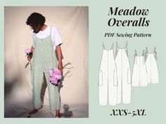 Overall Jumpsuit Meadow Overalls PDF Digital Sewing Pattern - Etsy Boho Sewing Patterns Free Pdf, Womens Overalls Pattern Free, Dungaree Sewing Pattern Women Free, Sewing Patterns Free Overalls, Dungarees Free Pattern, Overall Pattern Sewing Women, Overalls Pdf Pattern, Costura Diy, Couture Mode