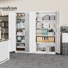 an office with two open doors and shelves