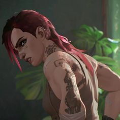 a woman with red hair and tattoos standing in front of plants