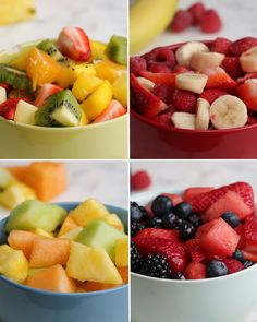 four pictures of different types of fruit in bowls and on the table are bananas, kiwis, strawberries, raspberries, blueberries