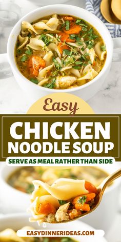 easy chicken noodle soup served in a white bowl