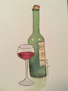 Watercolor Art Inspo Simple, Glass Of Wine Watercolor, Wine Bottles Drawing, Watercolor Wine Painting, Easy Art Watercolor, Wine Bottle Watercolor, Watercolor Italy Easy, Mini Watercolor Paintings Simple, Wine Watercolor Painting