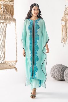 Buy Blue Crepe Printed Floret Round Kaftan And Palazzo Set For Women by Chhavvi Aggarwal Online at Aza Fashions. Blue Kaftan, Palazzo Set, Set For Women, Aza Fashion, Aqua Blue, Sleeve Type, Types Of Sleeves, Custom Made