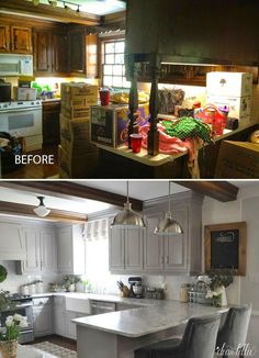 before and after pictures of a kitchen remodel with white cabinets, counter tops, and island