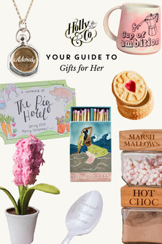 the gift guide for her is displayed in front of a white background with pink flowers