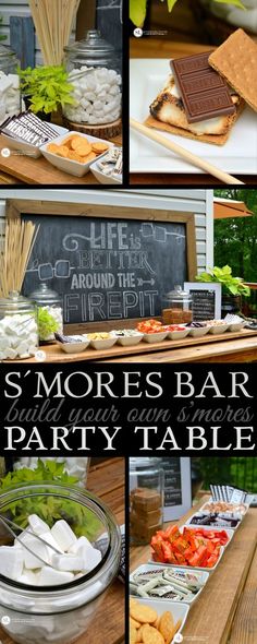 there are many different pictures of food on the table and in front of it is a sign that says s'mores bar