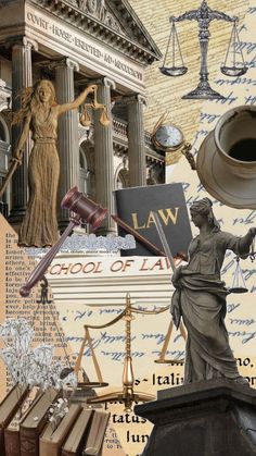 collage of law related images including statue, scales and books