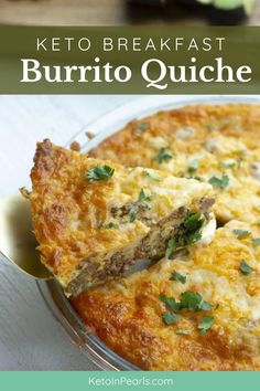 the keto breakfast burrito quiche is cut in half