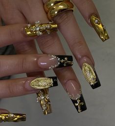 Charms from @nailsrus545 ⚜️ Inspo @luvrxnailz #gold #blackfrenchtip #gelx #gelnails #goldchrome #charms | Instagram Gold Nail Set, Black Gold Nails, Gold Acrylic Nails, Classy Acrylic Nails, Black Nail Designs, Bling Acrylic Nails, Follow Button