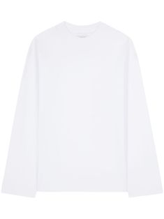 white cotton jersey texture mock neck drop shoulder long sleeves straight hem Relaxed Fit Long Sleeve Turtleneck For Work, Classic Long Sleeve Oversized T-shirt, Classic Oversized Long Sleeve T-shirt, Oversized Long Sleeve Classic T-shirt, Relaxed Fit Long Sleeve Work T-shirt, Relaxed Fit Long Sleeve T-shirt For Work, Casual White Mock Neck Top For Work, Classic Oversized Turtleneck Top, Oversized Classic Turtleneck Top