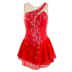 a red and white figure skating dress with sequins on the bottom, in front of a white background